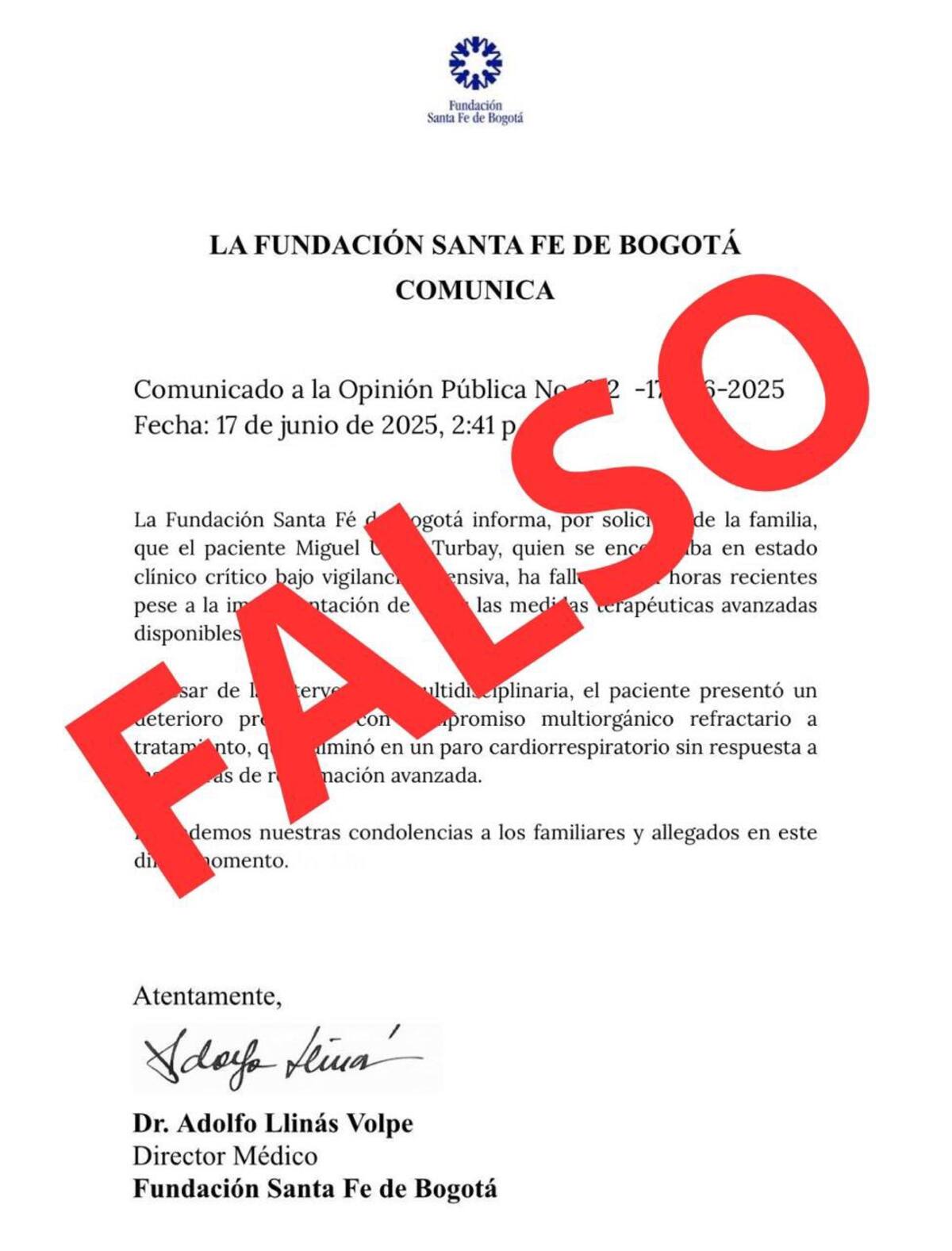 Falso comunicado sobre muerte de Miguel Uribe. // Tomada de X.
