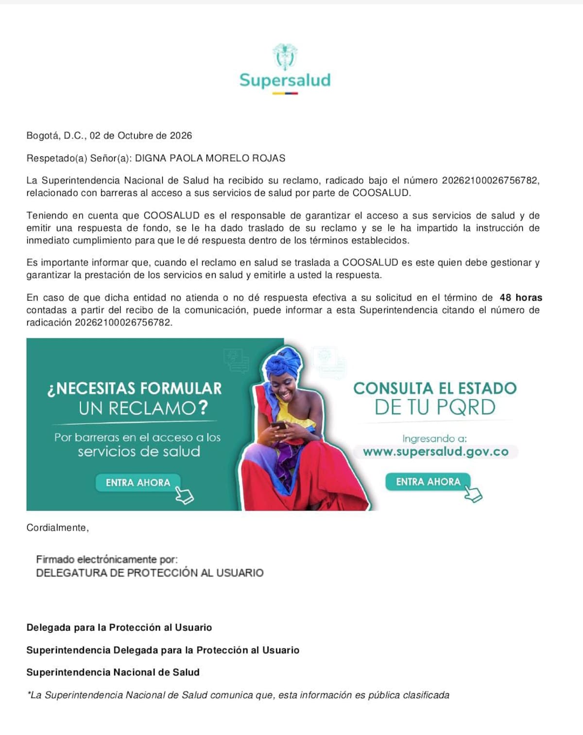 Familia asegura que interpuso una tutela. // cortesía: Digna Paola Morelos rojas
