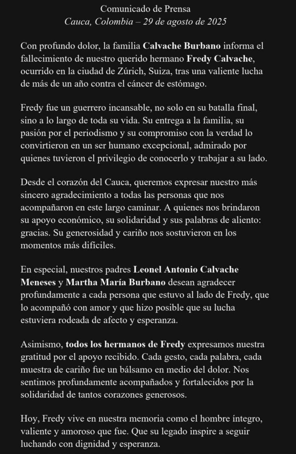 Familiares de Fredy Calvache lo despiden. // Foto: tomada de internet