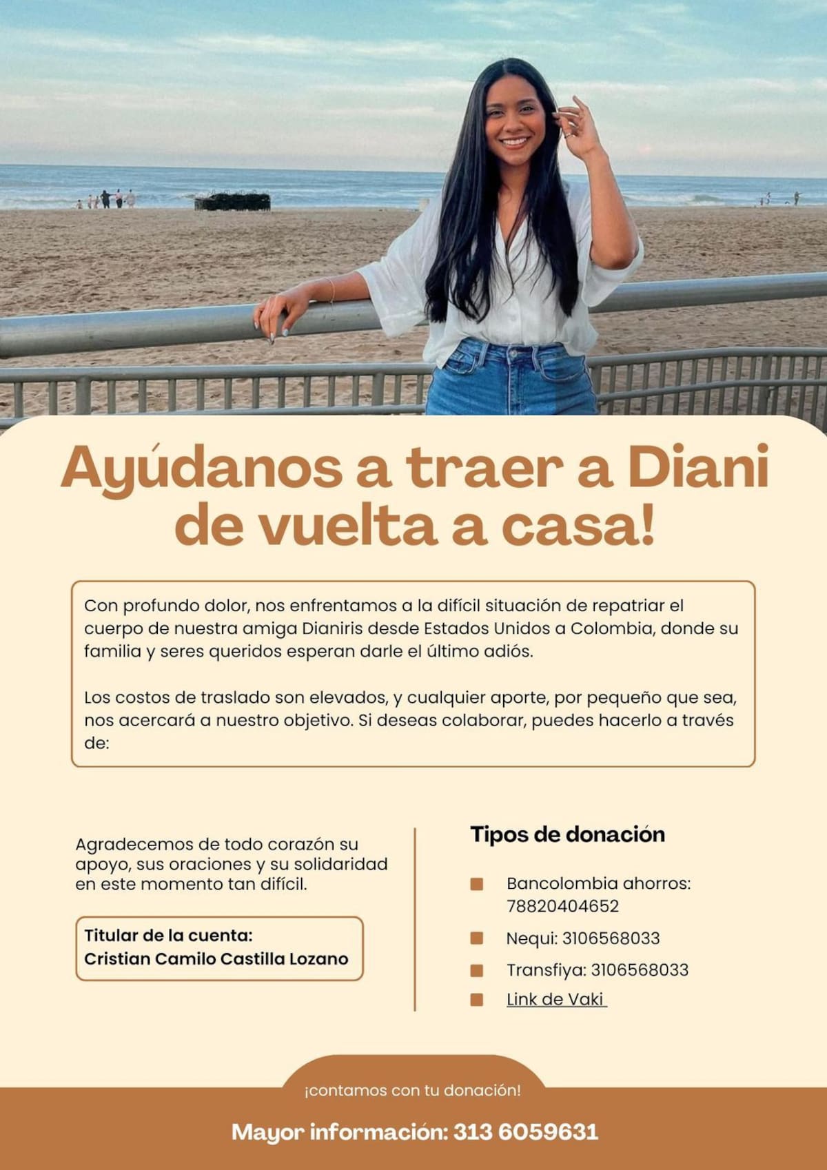 Familiares de la cartagenera Dianiris Castilla piden apoyo para repatriar su cuerpo. // Foto: cortesía