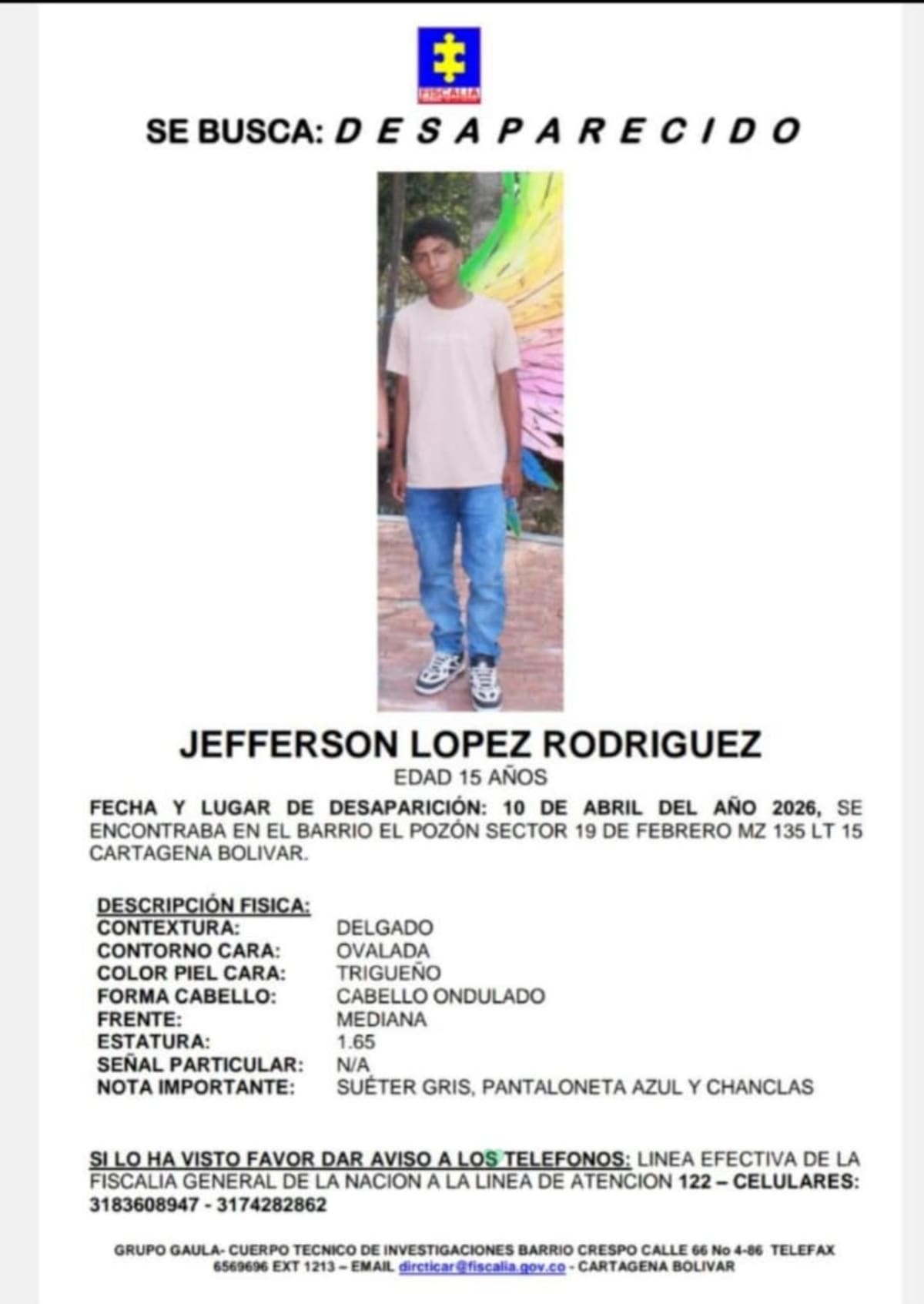 Familiares piden ayuda urgente para dar con el paradero de Jefferson López Rodríguez.