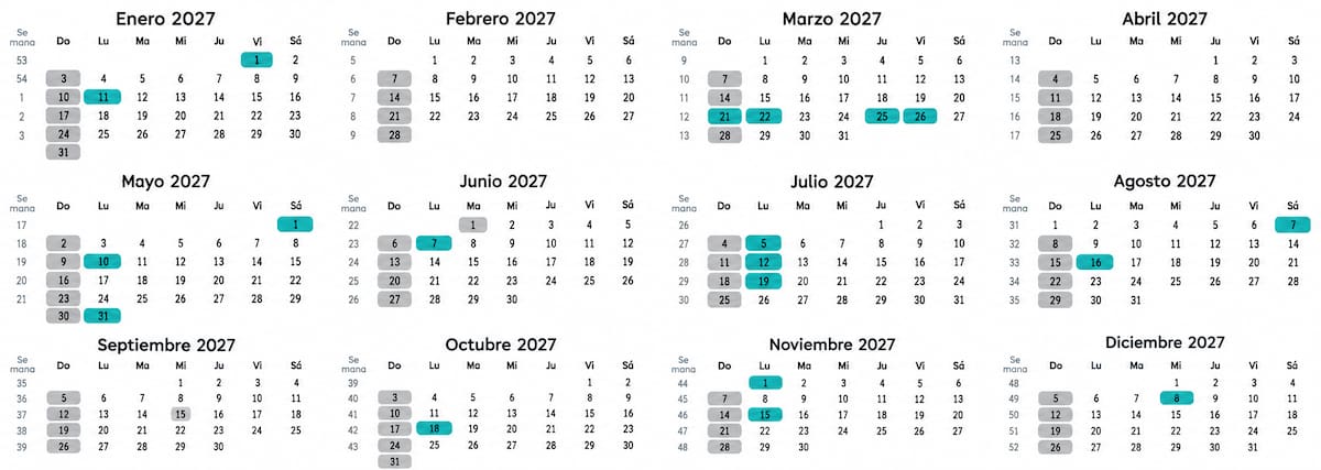 Calendario 2027 con festivos. // Foto: Calendario Colombia.