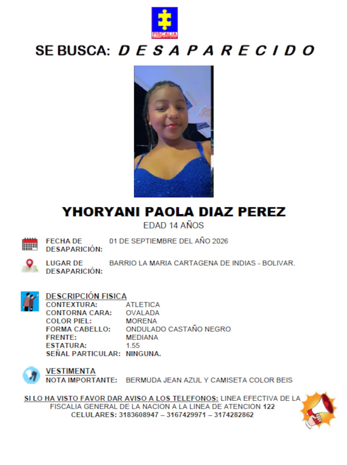 Ficha de búsqueda de Yhoryani Díaz, desaparecida en La María.