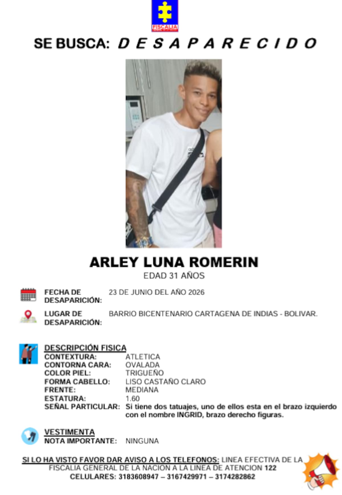 Ficha de búsqueda de Arley Luna Romerin. // Foto: Fiscalía General