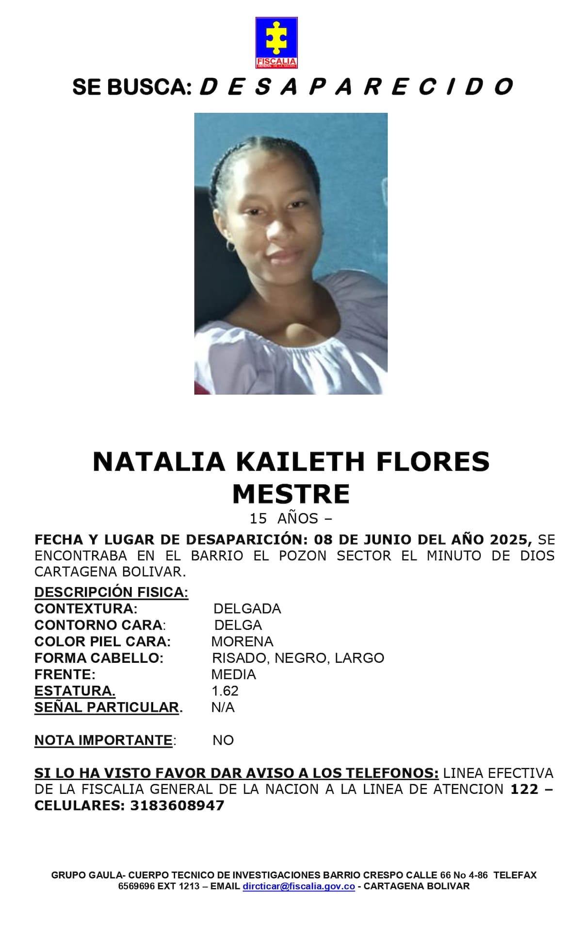 Ficha de búsqueda de Natalia Flores Mestre. // Foto: Fiscalía General de la Nación