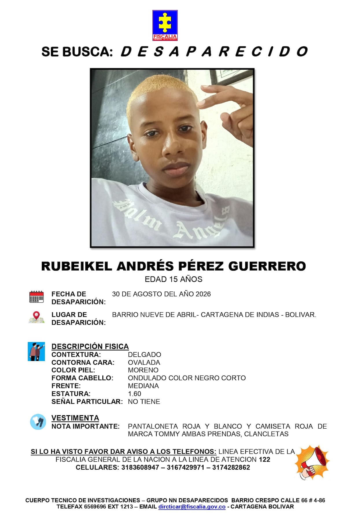 Ficha de búsqueda de Rubeikel Andrés Pérez Guerrero. // Foto: Fiscalía General de la Nación