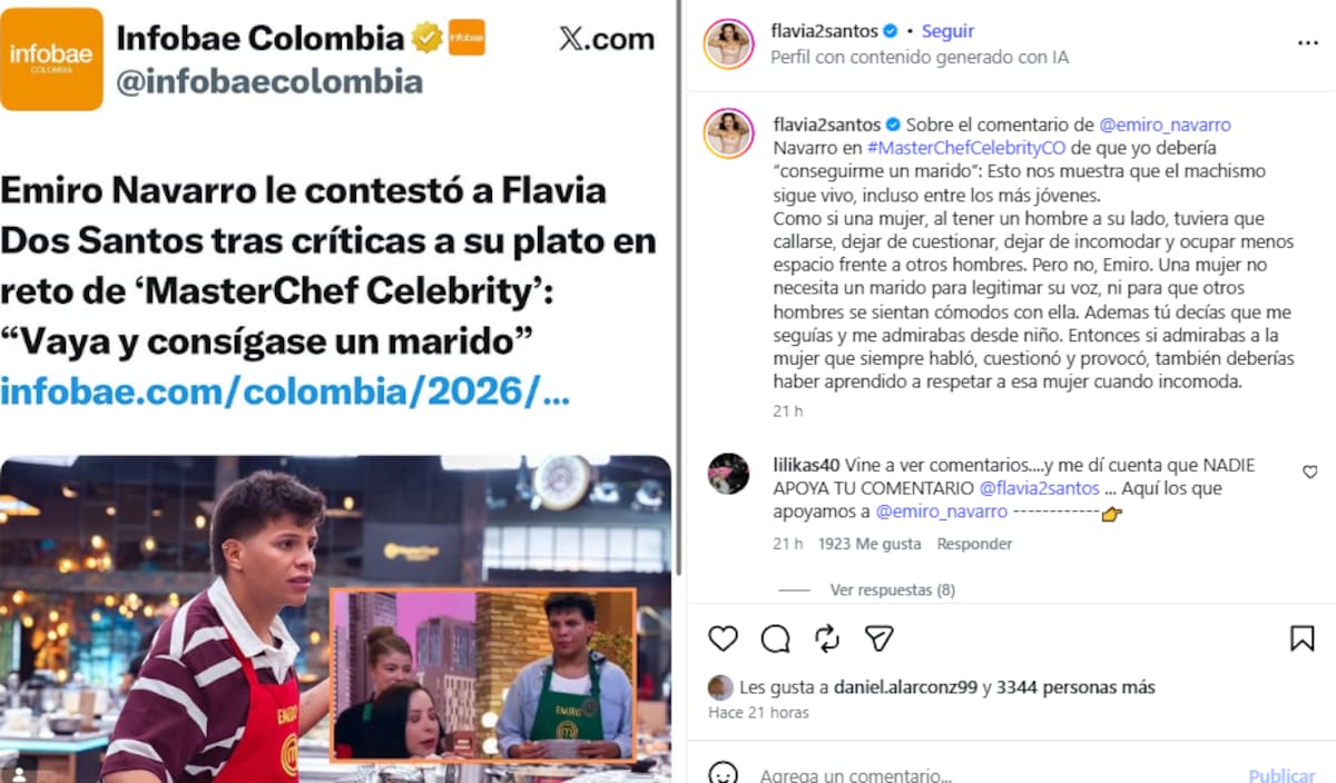 Respuesta de Flavia dos Santos al comentario de Emiro Navarro en MasterChef. //Foto: @flavia2santos.
