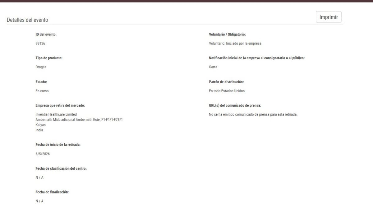 La Administración de Alimentos y Medicamentos de Estados Unidos (FDA) ordenó el retiro del mercado de 11.460 botellas // Captura de pantalla FDA.