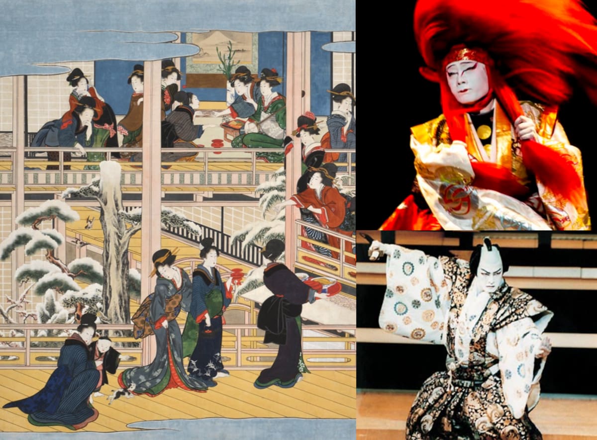 Fragmento de La nieve de Fukugawa, de Utamaro (izquierda), y ejemplos de disfraces utilizados en el kabuki(derecha). Fuente: Wikimedia Commons
