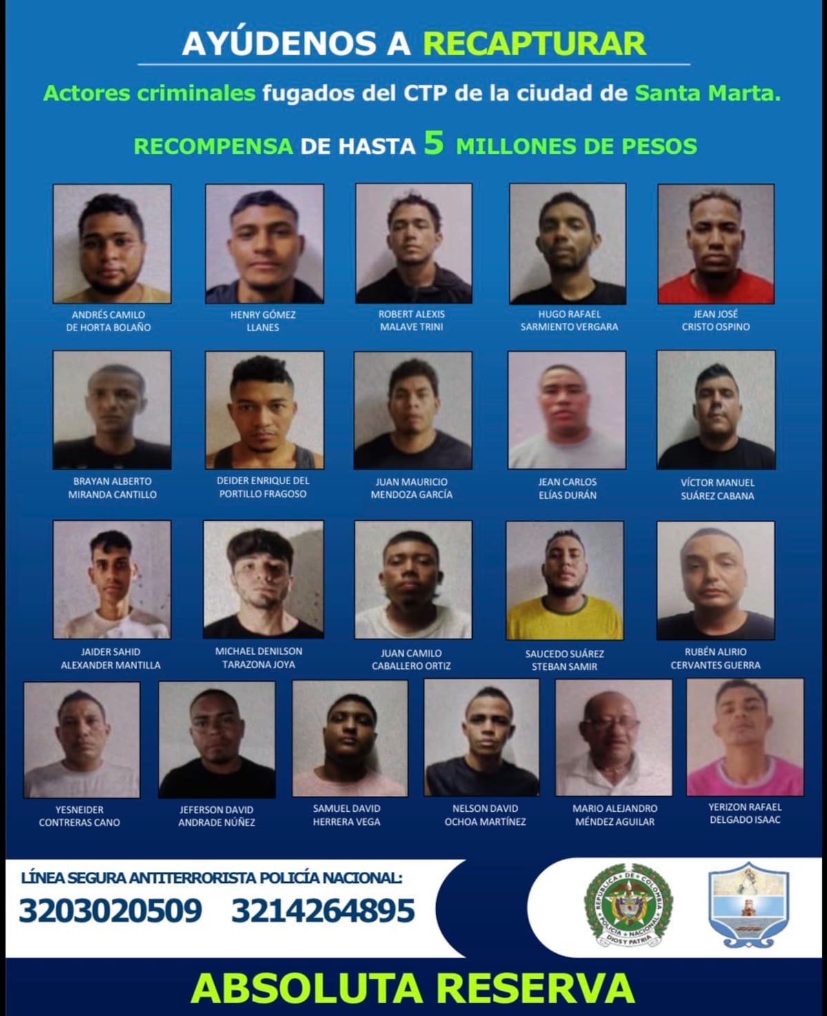 La Policía divulgó los nombres y fotografías de los 41 evadidos y ofrece hasta $5 millones por información que permita ubicarlos. //FOTO: POLICÍA NACIONAL.