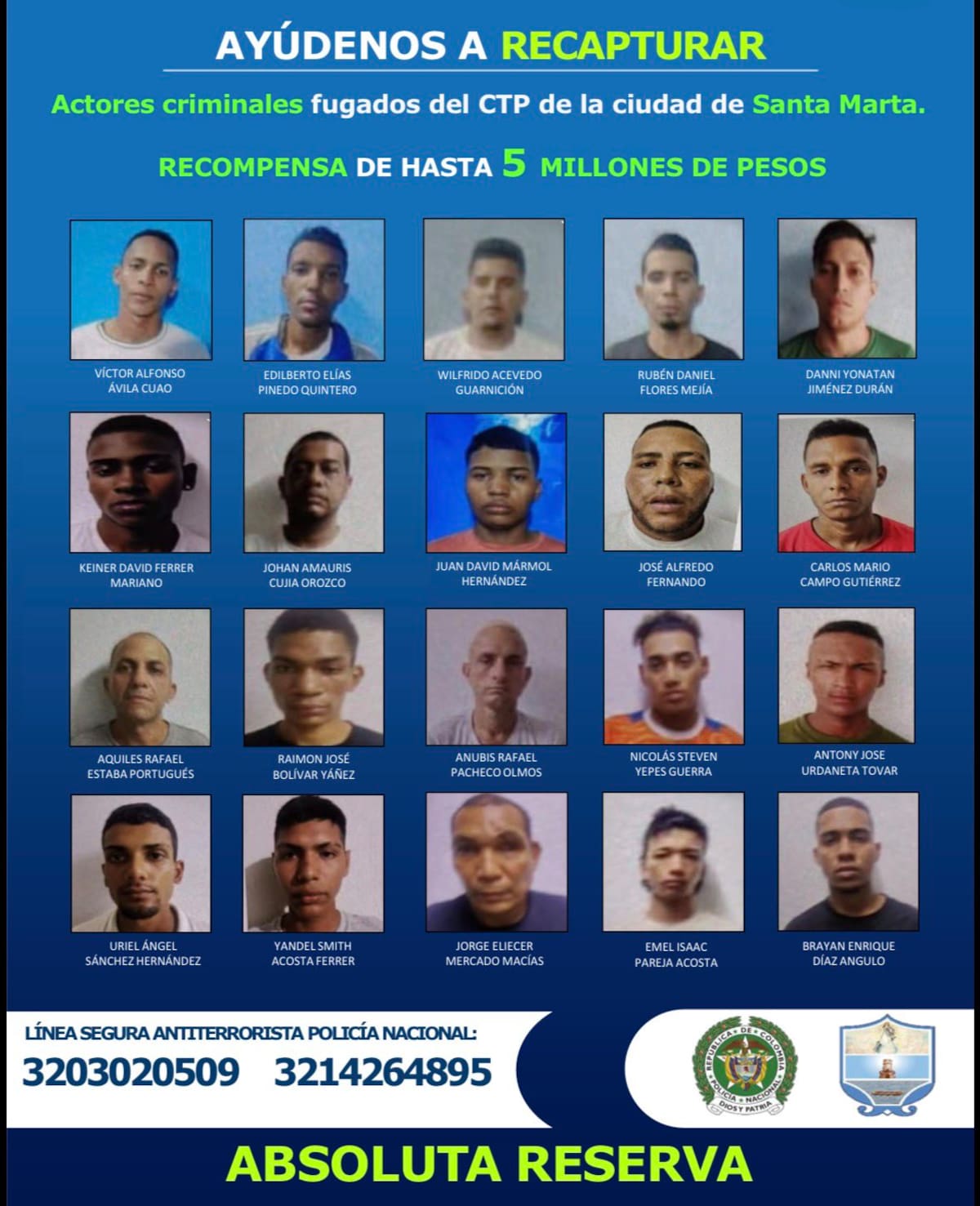 En la madrugada de este lunes festivo, 12 de octubre, 41 presos se fugaron de centro de reclusión en Santa Marta: entre ellos alias ‘Mongolo’, de ‘Los Pachencas’. //FOTO: POLICÍA NACIONAL.