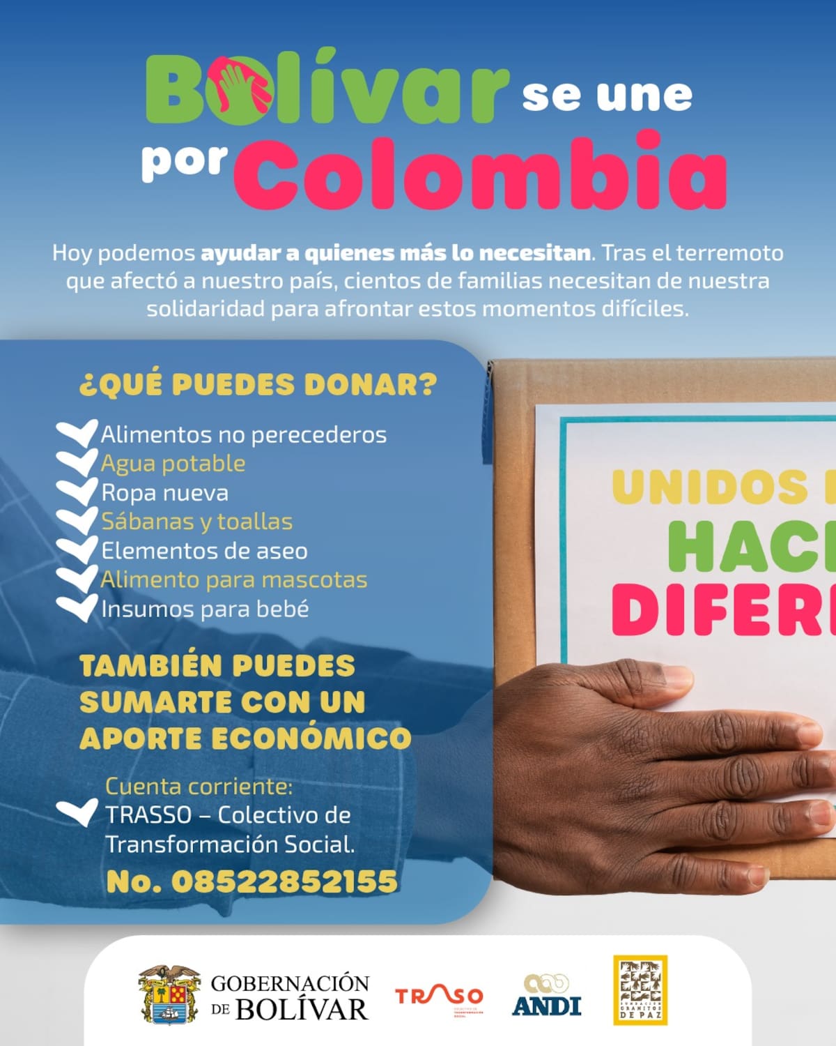 Gobernación de Bolívar lidera recolección de ayudas humanitarias para afectados por terremoto en Colombia. // Foto: Cortesía - Gobernación de Bolívar.