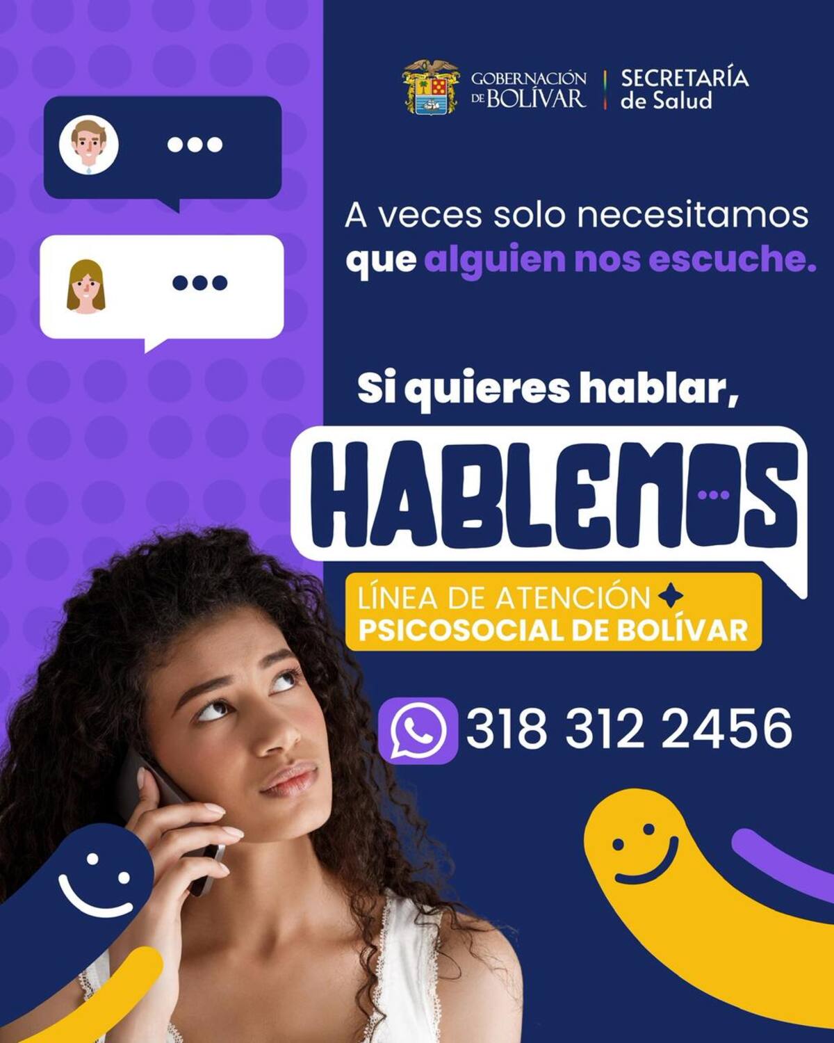 Gobernación de Bolívar lanza la línea psicosocial “Hablemos” para atender la salud mental. // Foto: cortesía