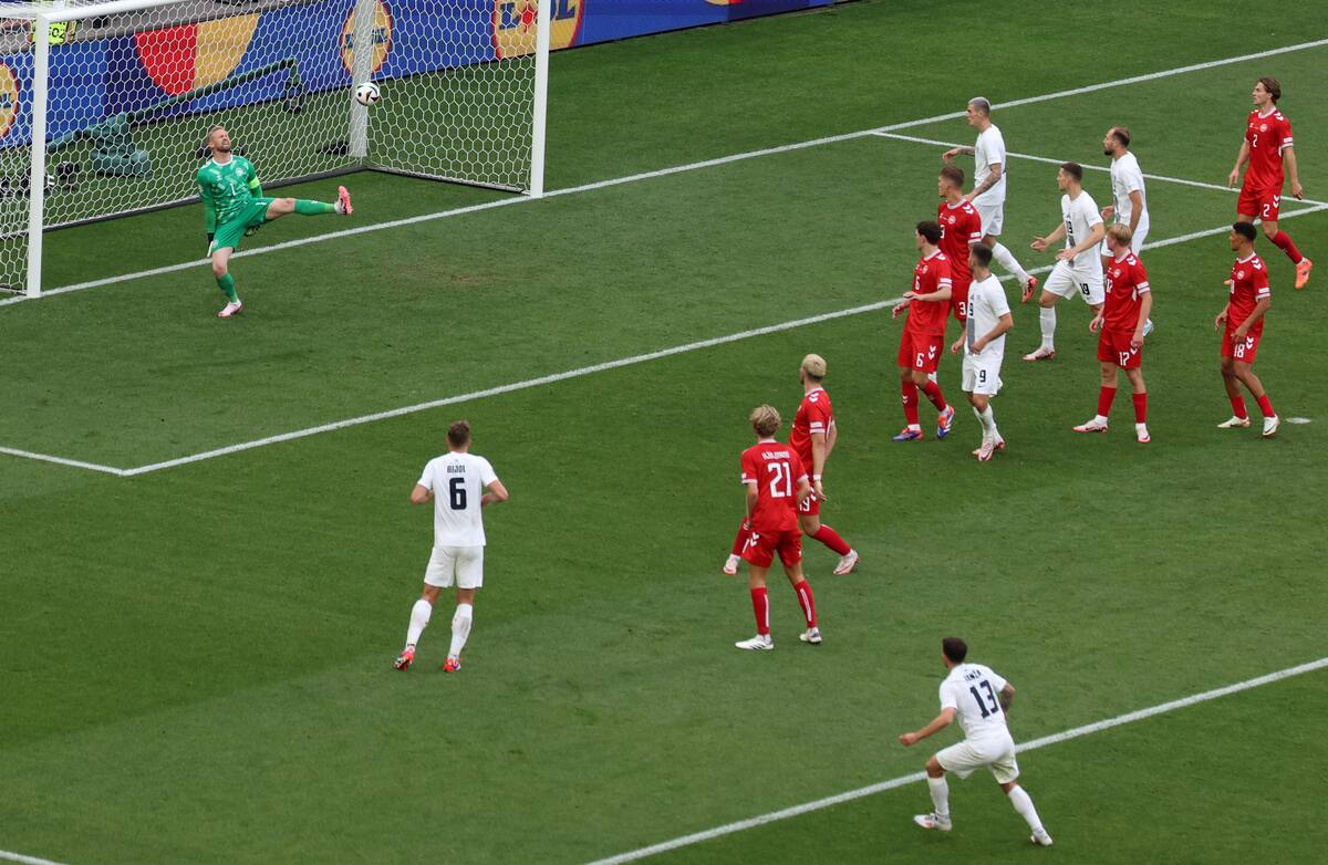 Erik Janza (delantero) de Eslovenia anota el empate durante el partido de fútbol del Grupo C de la UEFA EURO 2024 entre Eslovenia y Dinamarca, en Stuttgart, Alemania. //EFE