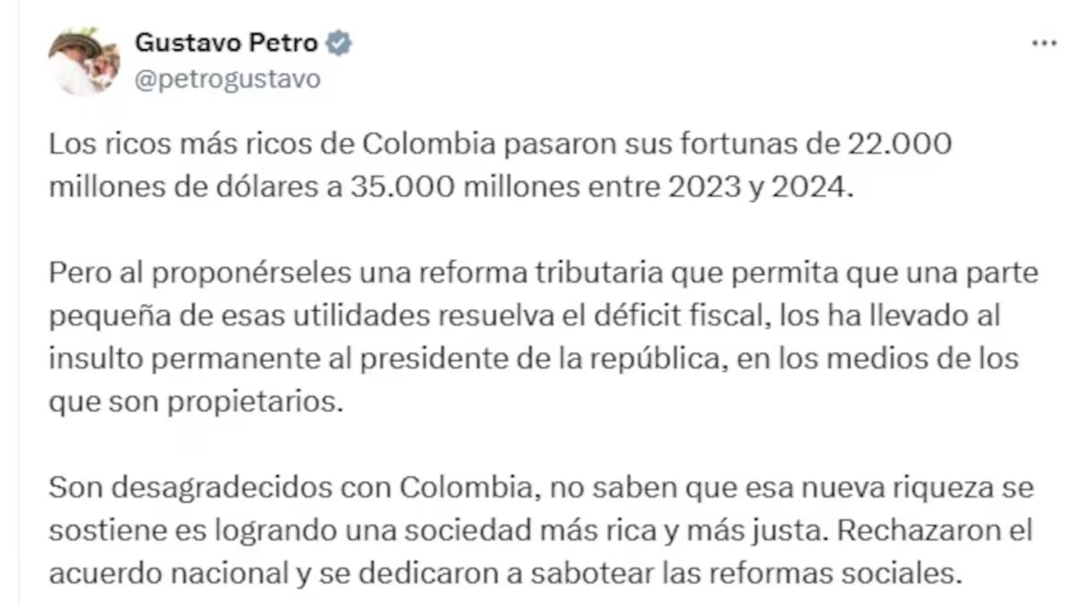Gustavo Petro criticó a los personajes más ricos de Colombia . // tomada de @PetroGustavo/X