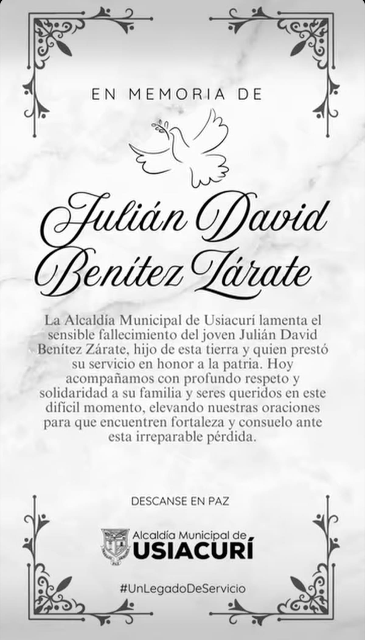 Consternación en Usiacurí, Atlántico, por la muerte del joven uniformado Julián David Benítez Zárate en Bogotá. // FOTO: ALCALDÍA MUNICIPAL DE USIACURÍ.