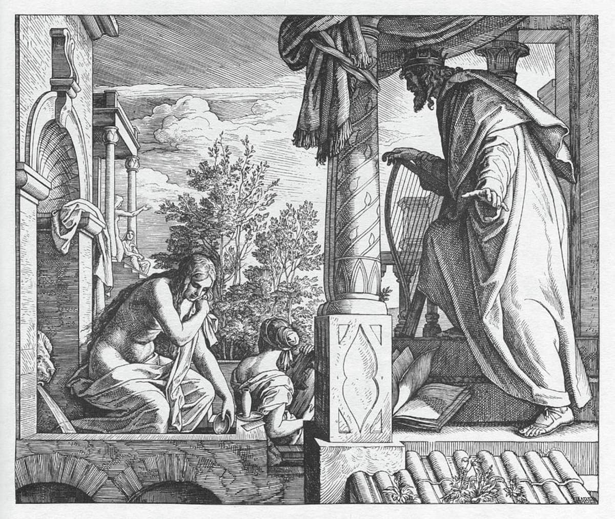 El rey David espía a Betsabé, grabado de Samuel Julius von Carolsfeld.