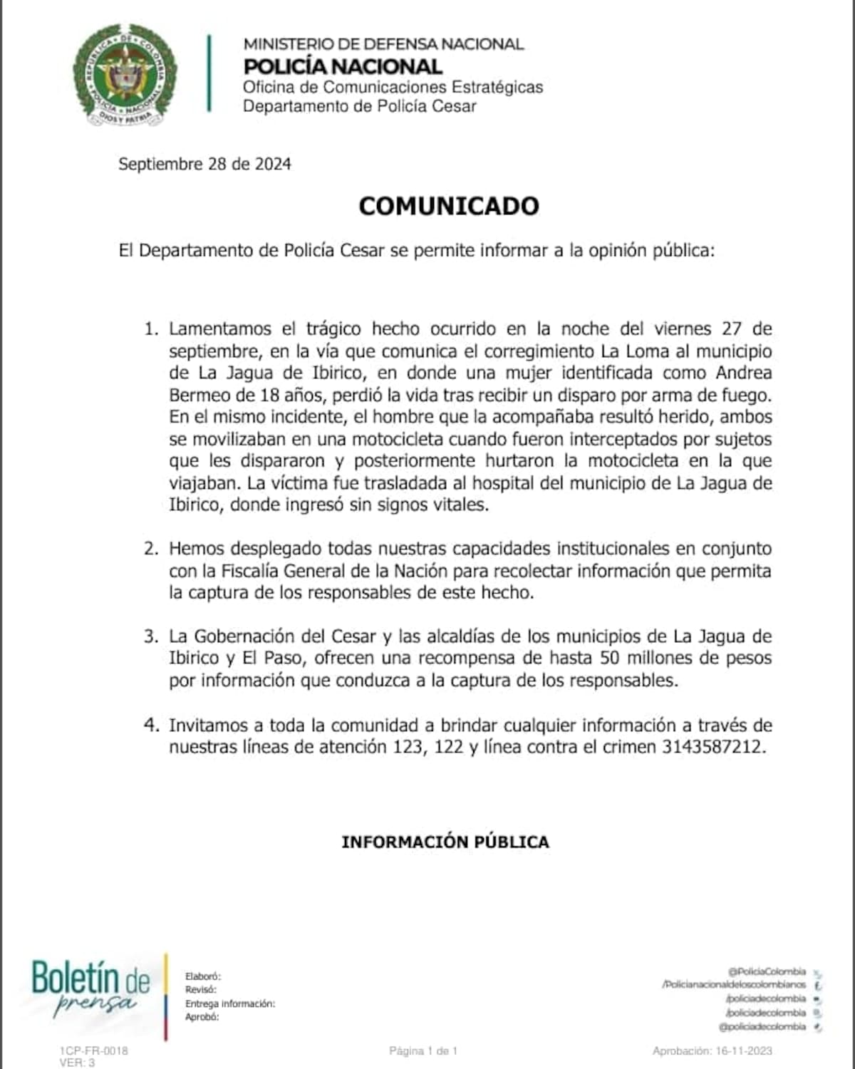 Comunicado de la Policía Nacional por el homicidio de Andrea Bermeo Chogo.