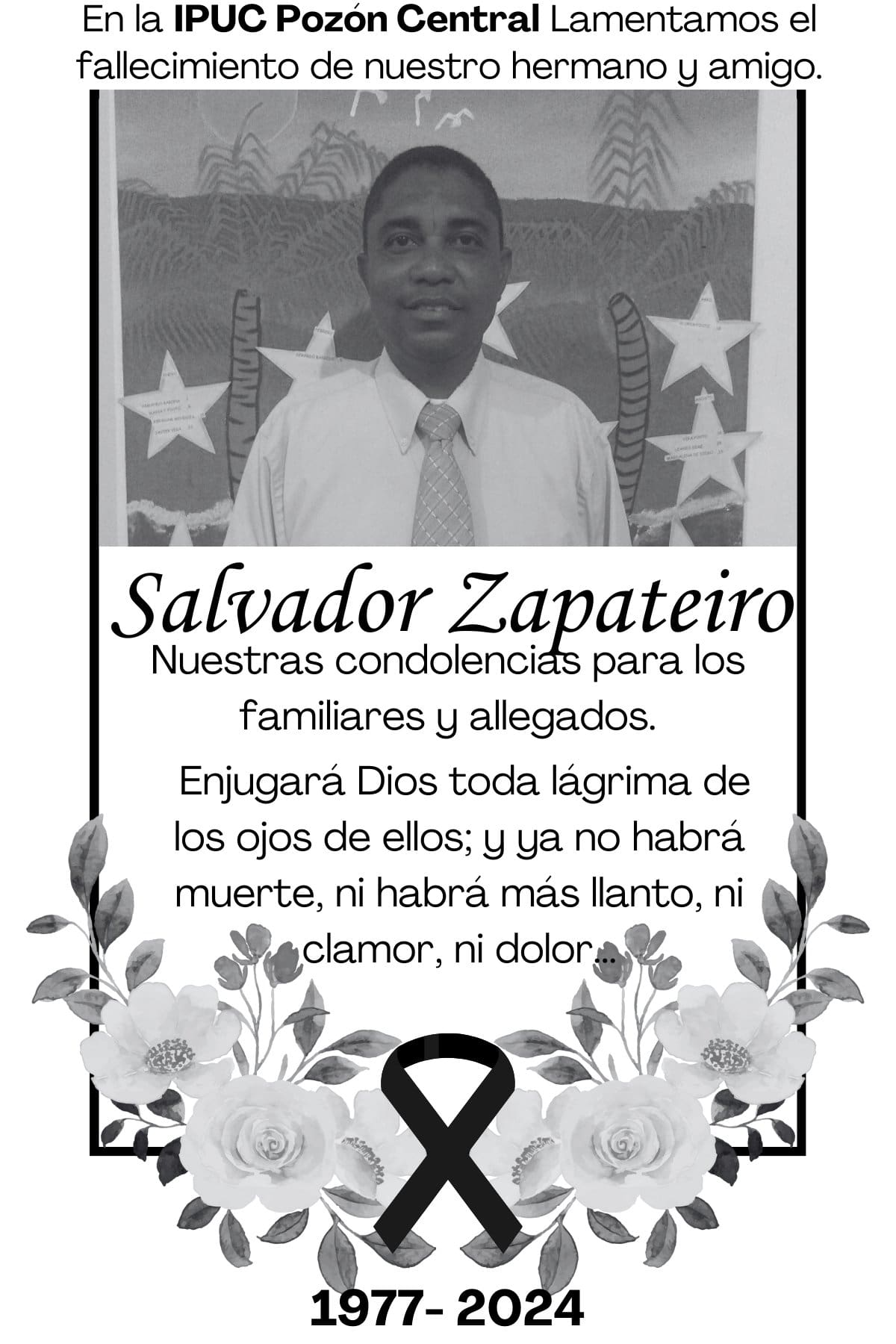 "Nos unimos al dolor por el que está pasando su familia y rogamos al todopoderoso que les fortalezca. Les invitamos a una red de oración en favor de su esposa, la hermana Anel Dasiris Altamiranda, sus hijos y toda su familia".