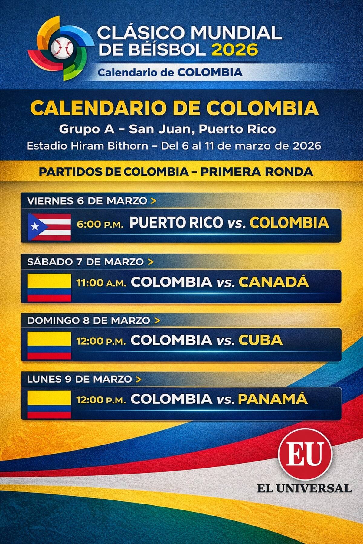 Calendario de los partidos de Colombia en el Clásico Mundial de Béisbol. //El Universal.