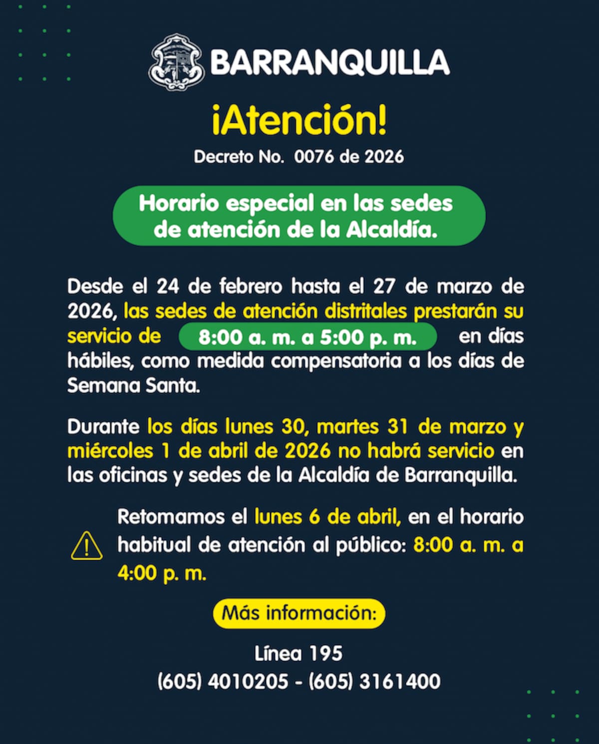 Estos son los horarios laborales para la atención al público que estableció la Alcaldía de Barranquilla con ocasión de la Semana Santa 2026.//Cortesía Alcaldía de Barranquilla.