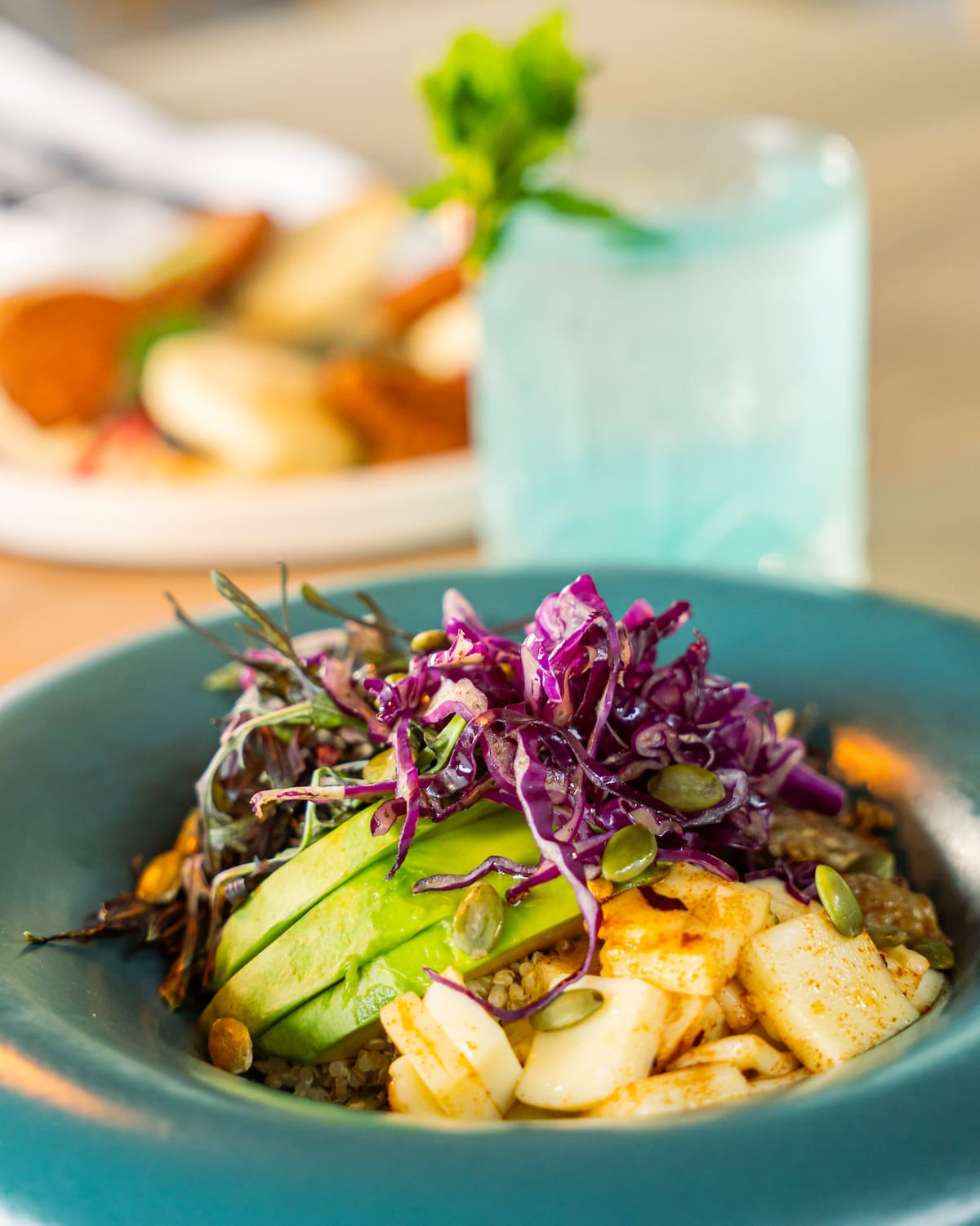 Poke vegano: quinoa, queso mozzarella marinado, rúcula, aguacate, berenjenas rostizadas, repollo morado, rabanito, encurtido y semillas tostadas.
