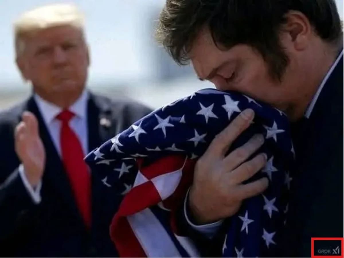 Imagen creada por la IA Grock, de X, de Javier Milei besando la bandera de Estados Unidos. // Captura de pantalla