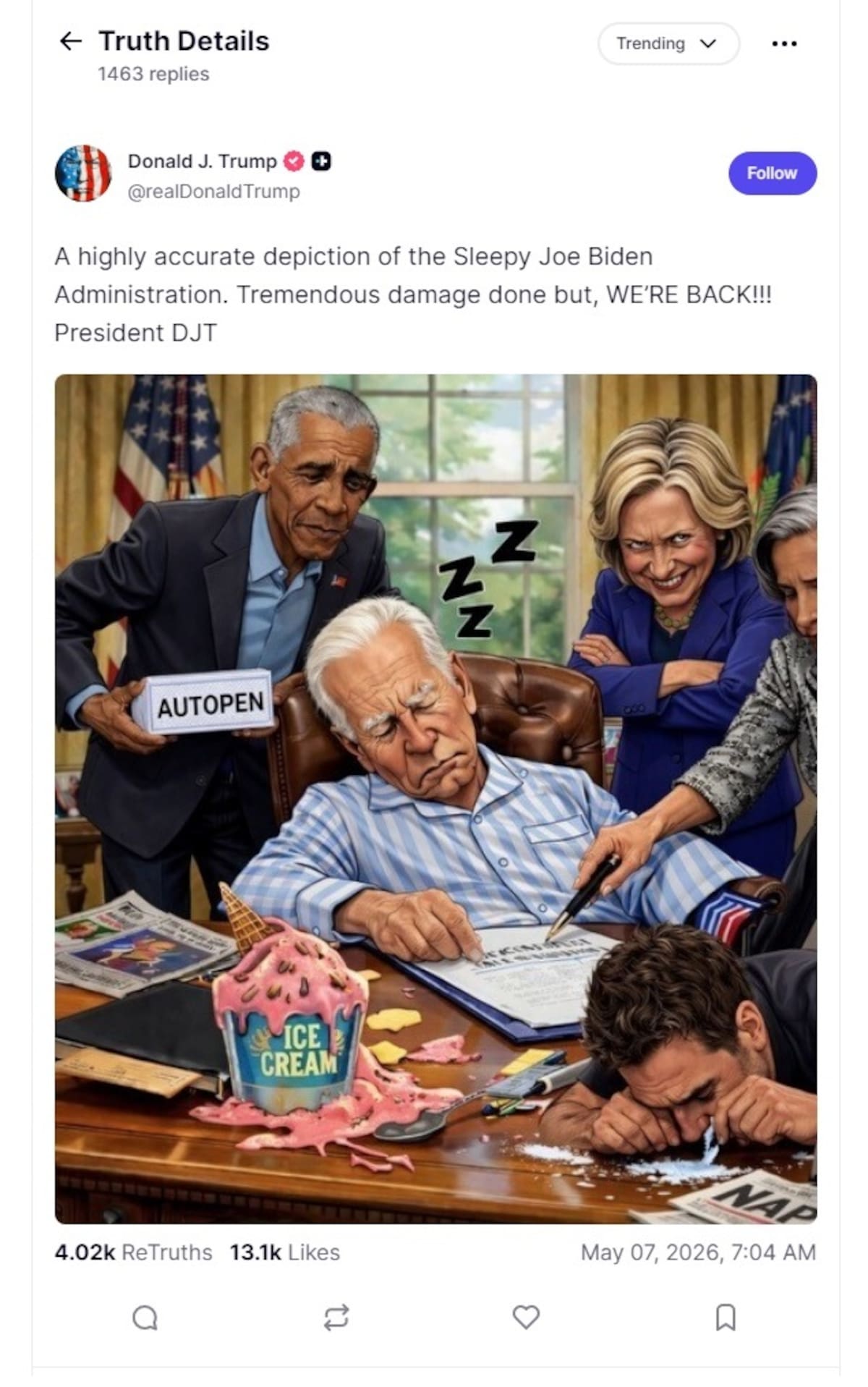 Fotografía publicada este jueves en la cuenta oficial de la red Truth Social (@realDonaldTrump) del presidente de los Estados Unidos, Donald Trump, donde atacó a su antecesor, Joe Biden, con una imagen hecha con inteligencia artificial (IA) donde se muestra al demócrata dormido en el Despacho Oval junto a su hijo, Hunter Biden, consumiendo droga en el escritorio presidencial.EFE/@realDonaldTrump.