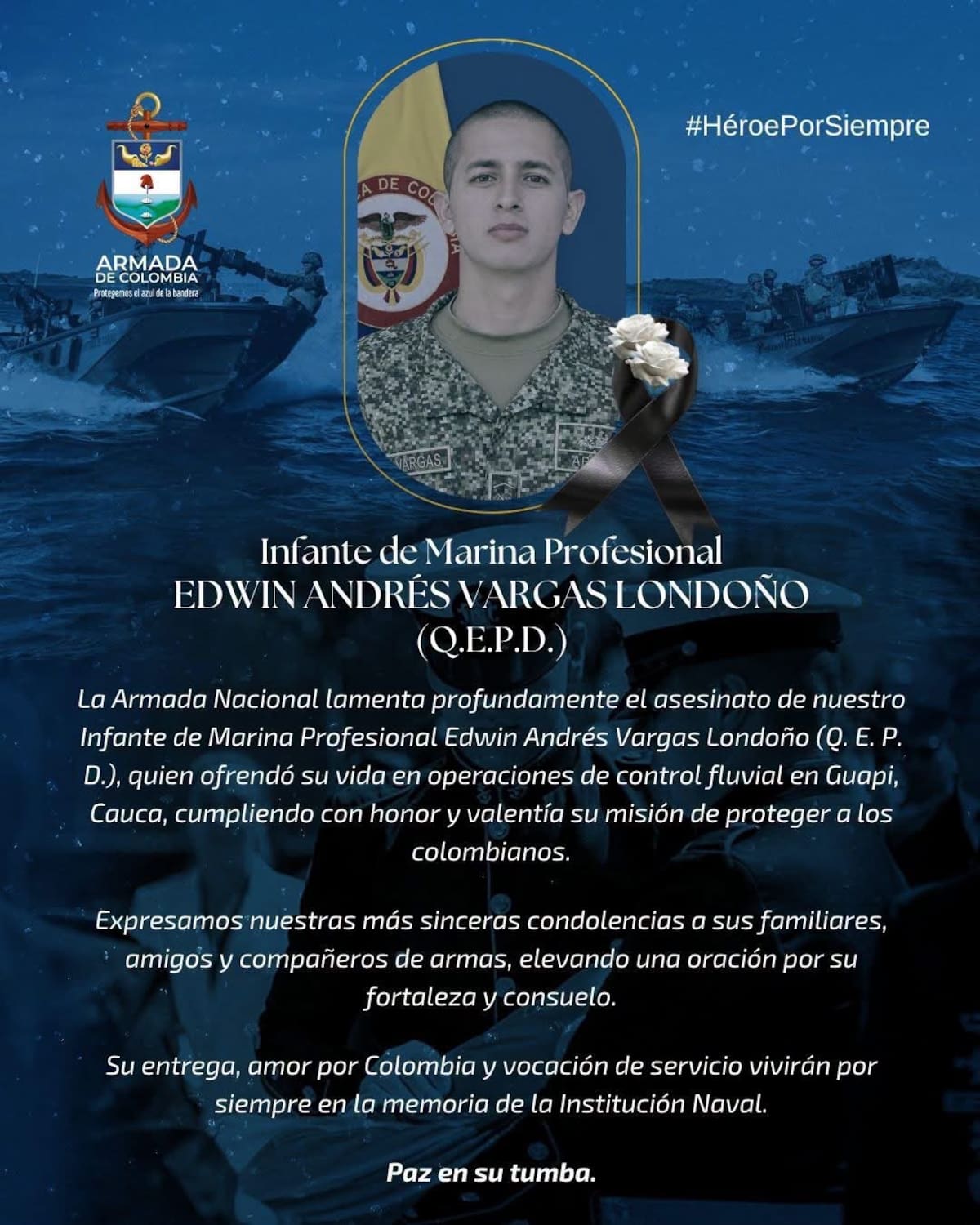 Un infante de Marina murió y otros cuatro uniformados resultaron heridos tras el ataque con explosivos lanzados desde un dron contra una unidad fluvial de la Armada en Guapi, Cauca, //FOTO: ARMADA NACIONAL.