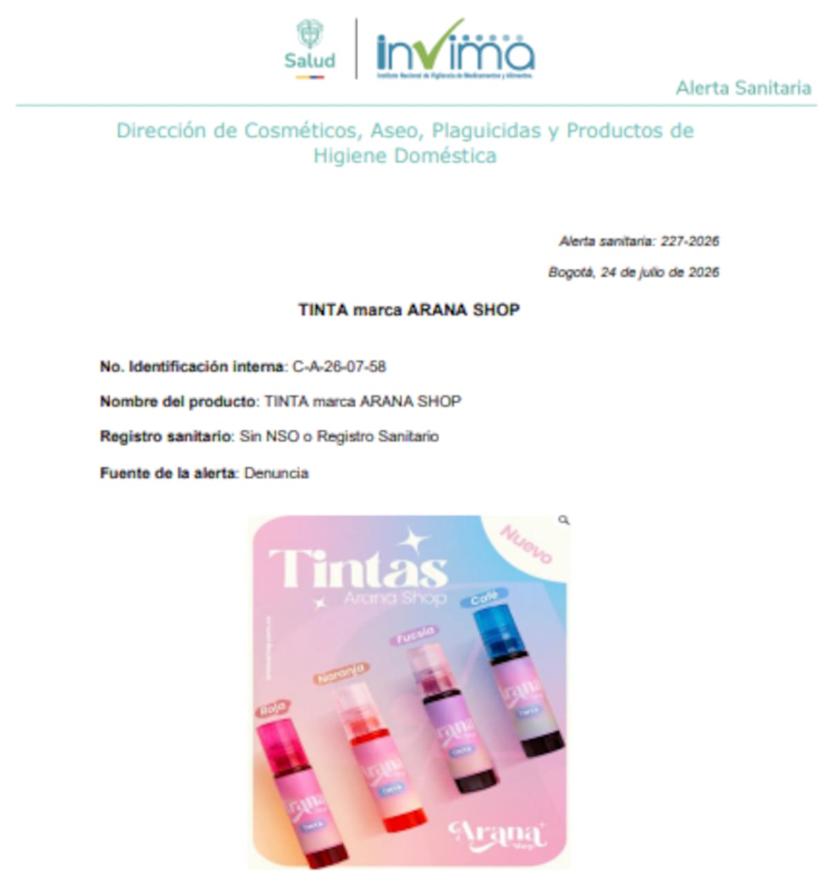 Invima advierte sobre tinta de reconocido influencer, comercializada en redes sociales. // Captura de pantalla de alerta del Invima