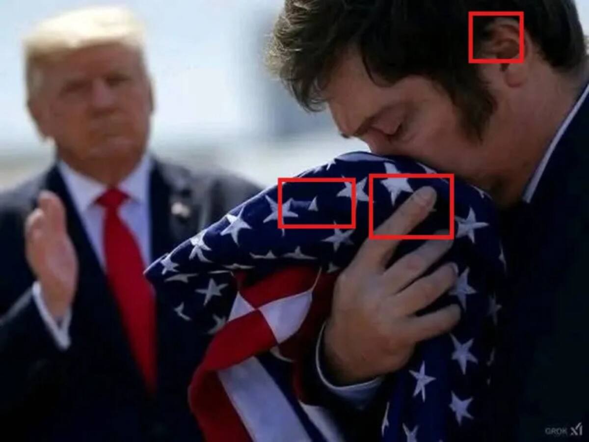 Errores de la imagen creada con IA de Javier Milei besando la bandera de Estados Unidos. // Foto: La Silla Vacía