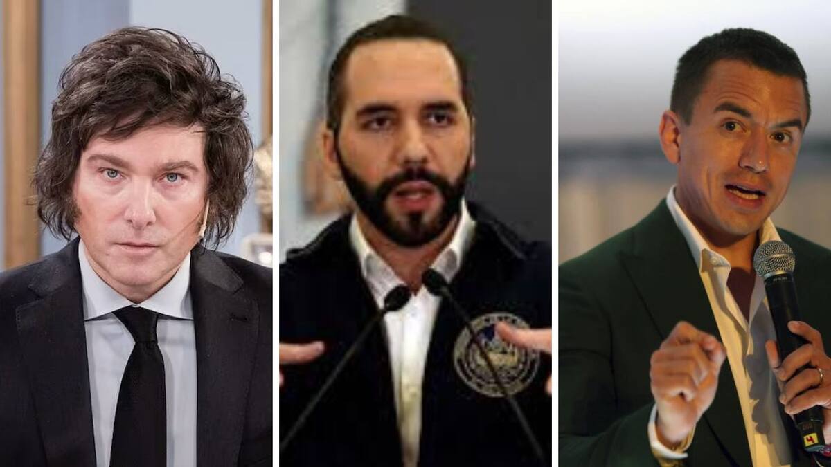Javier Milei, presidente de Argentina; Daniel Novoa, de Ecuador; y Nayib Bukele, de El Salvador.