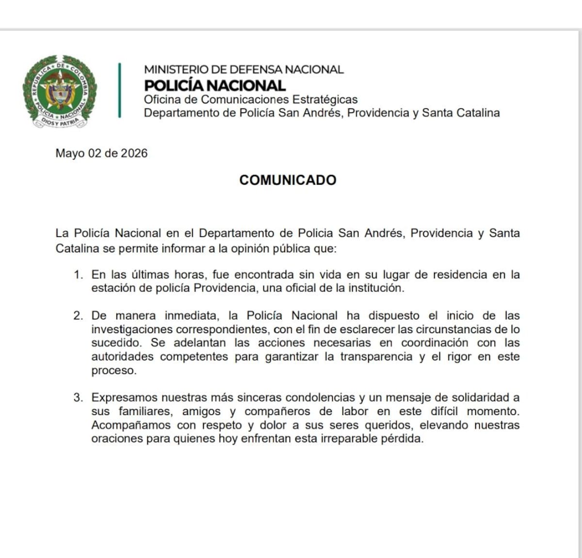 Comunicado de la Policía Nacional.