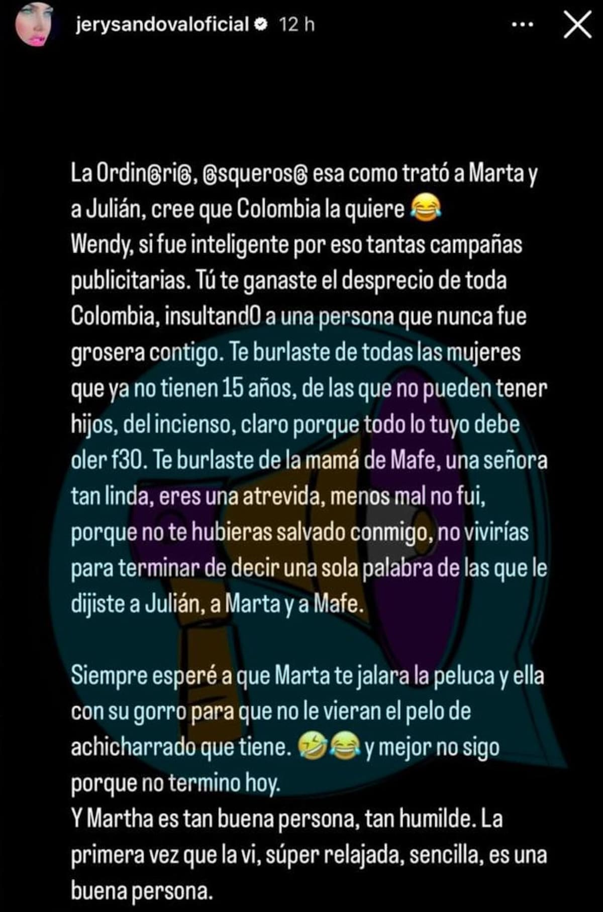 Mensaje de Jery Sandoval en el que atacó a Karen Sevillano en redes sociales. //Foto: tomada de Internet.