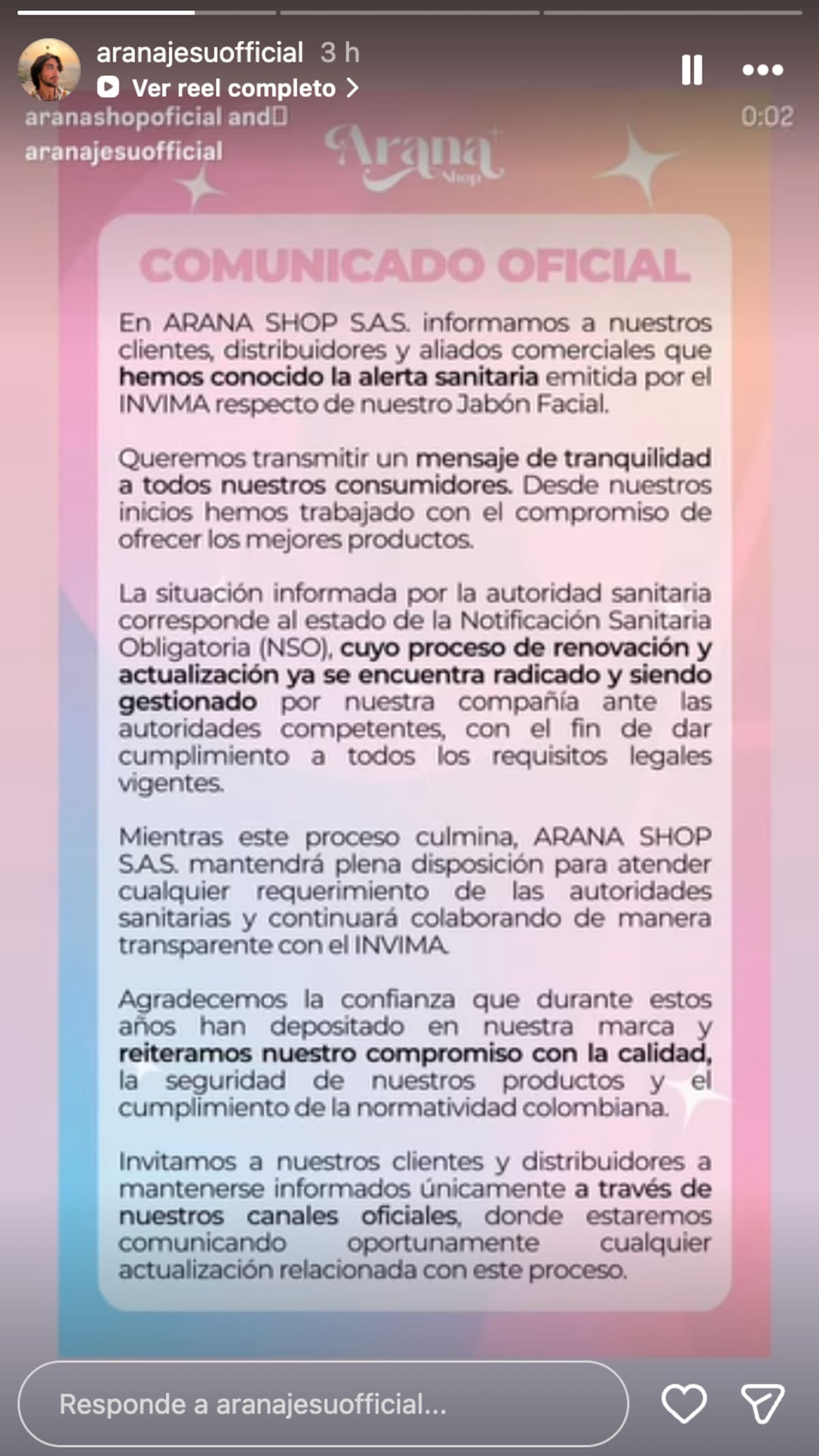 Jesús Arana se pronuncia sobre su situación con INVIMA. //Foto: IG @aranajesusoficial.