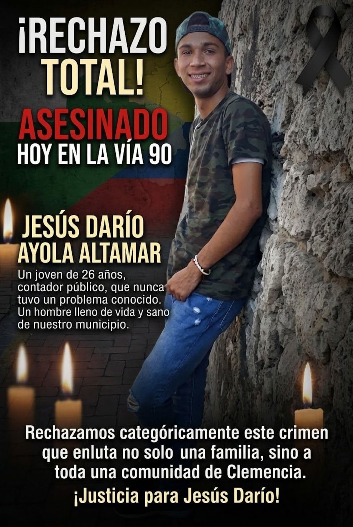 Hay dolor, indignación rechazo en el municipio de Clemencia por la trágica muerte del contador público Jesús Darío Ayola Altamar.