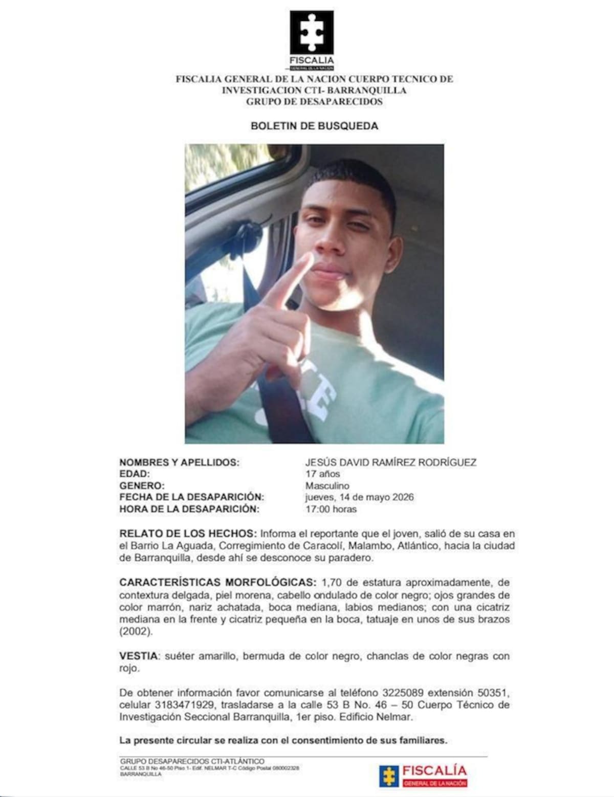 Facsímil dado a conocer por la Fiscalía a los medios de comunicación sobre la desaparición del joven Jesús David Ramírez Rodríguez.//Cortesía Fiscalía.