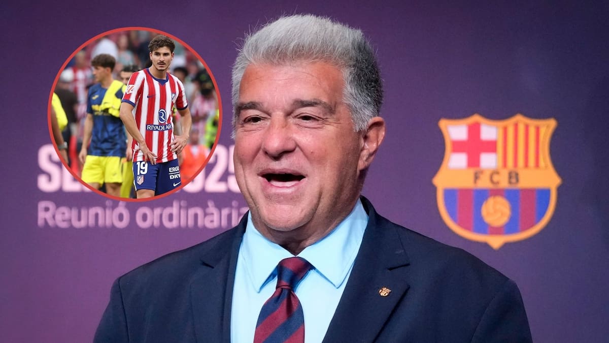 El presidente del Barcelona, Joan Laporta, habló sobre el posible fichaje del argentino Julián Álvarez por el Barcelona. //Fotos, EFE: Enric Fontcuberta - Kiko Hues ca