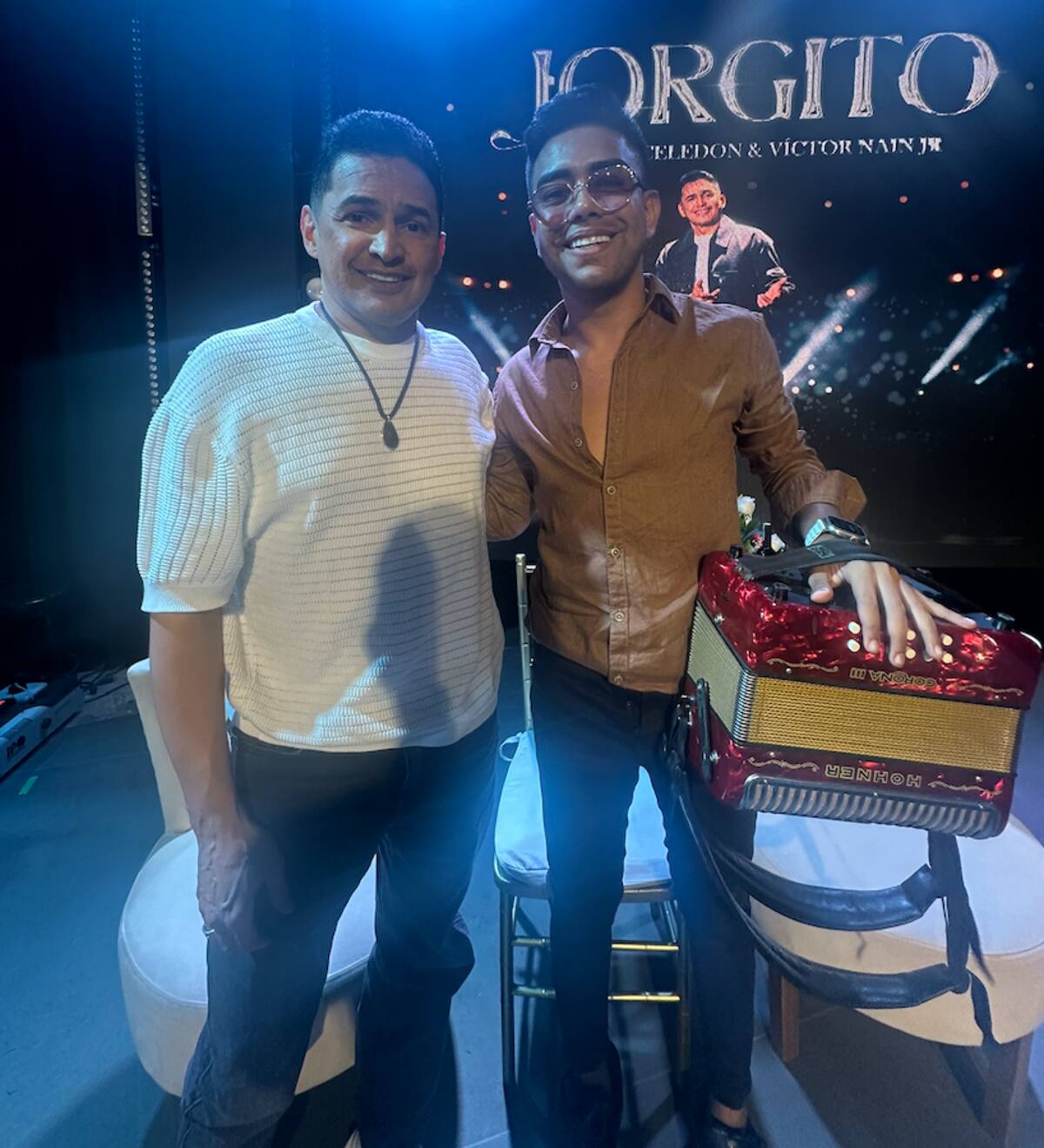 Jorge Celedón y Víctor Naín Jr. este jueves en Barranquilla presentaron el álbum musical 'Jorgito'.//El Universal.