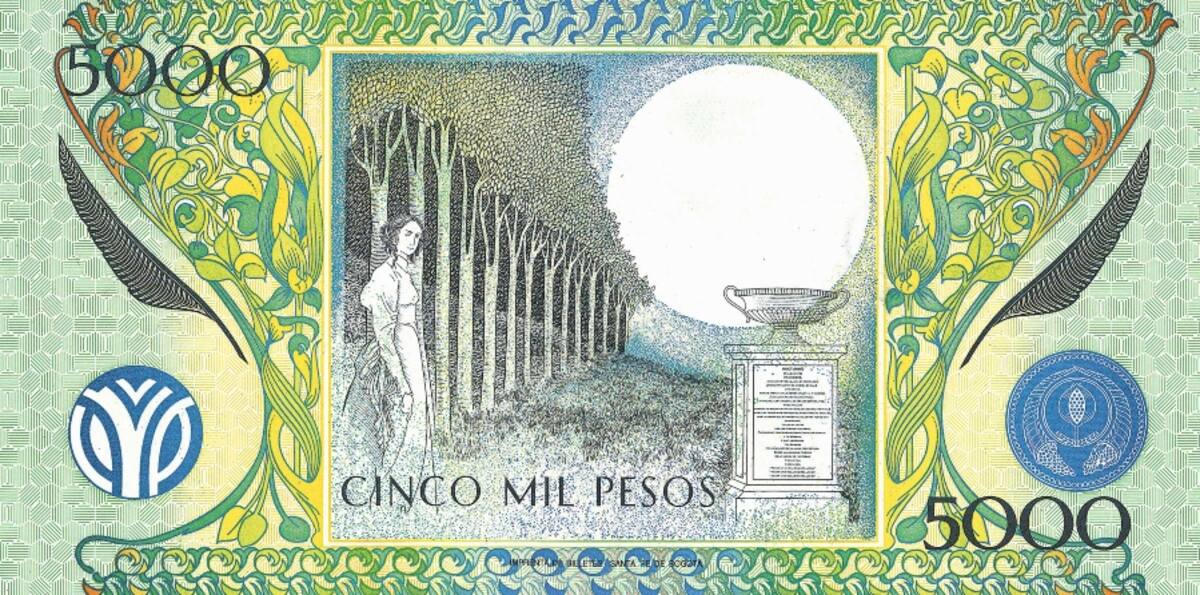 Antiguo billete de 5 mil pesos. El poema Una Noche está impreso en la columna. //Cortesía.