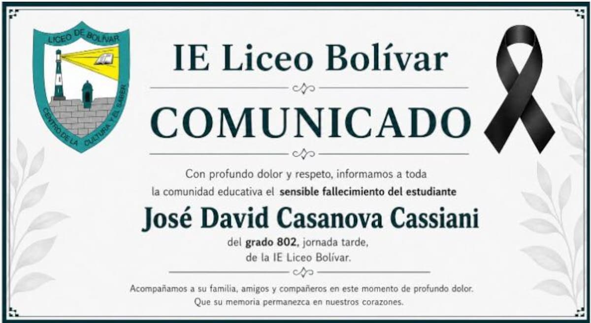 José David Casanova Cassiani cursaba octavo grado en el colegio Liceo Bolívar.