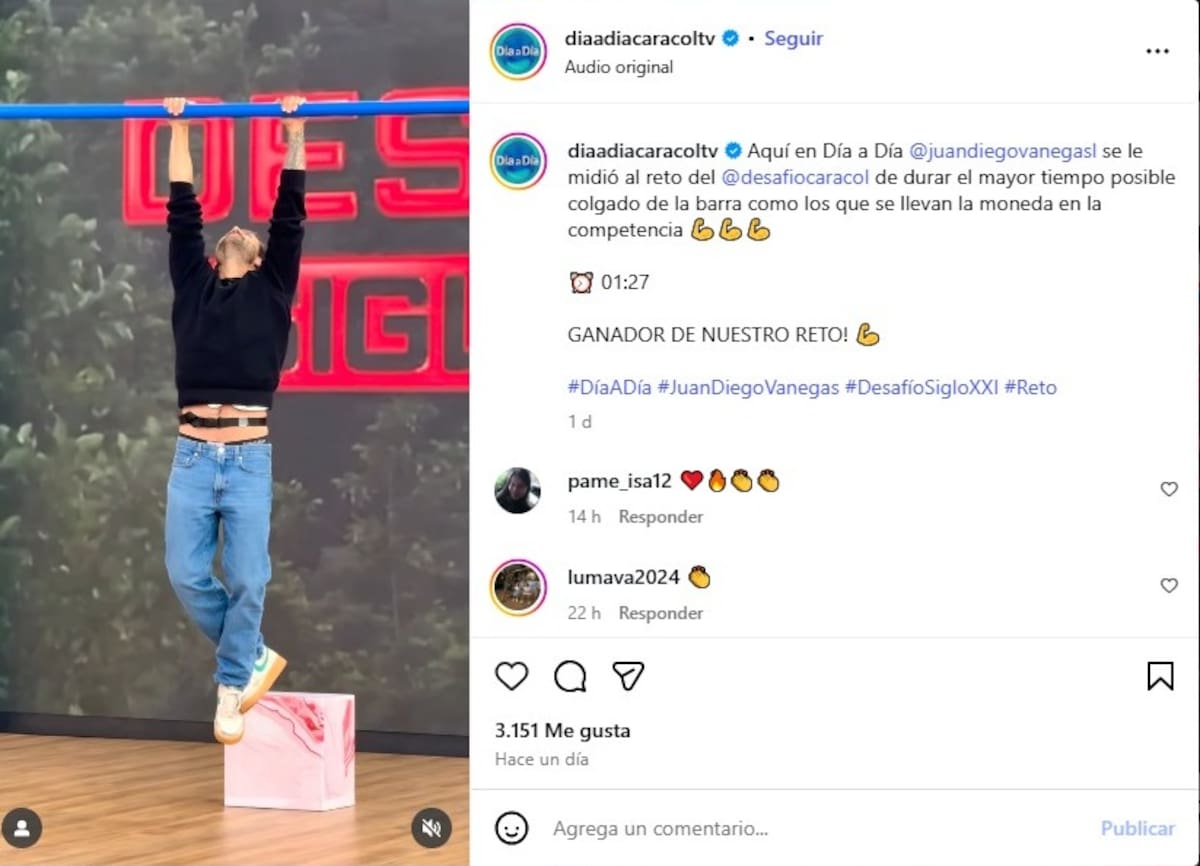 Juan Diego Vanegas ganador del reto de la moneda dorada haciendo un tiempo de 01:27 segundo. // captura tomada de red IG @diaadiacaracoltv