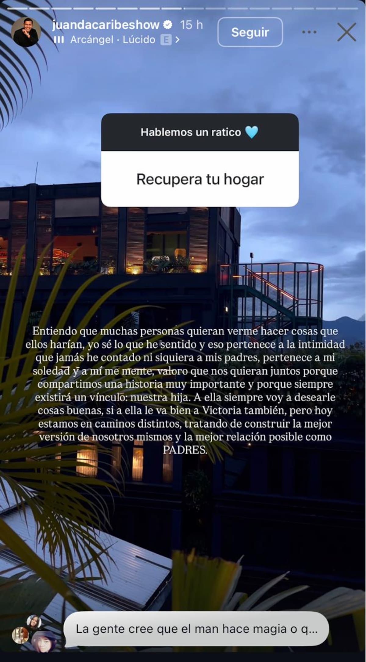 Juanda Caribe responde si volvería a formar su hogar. //Foto captura de historia de IG @juandacaribeshow