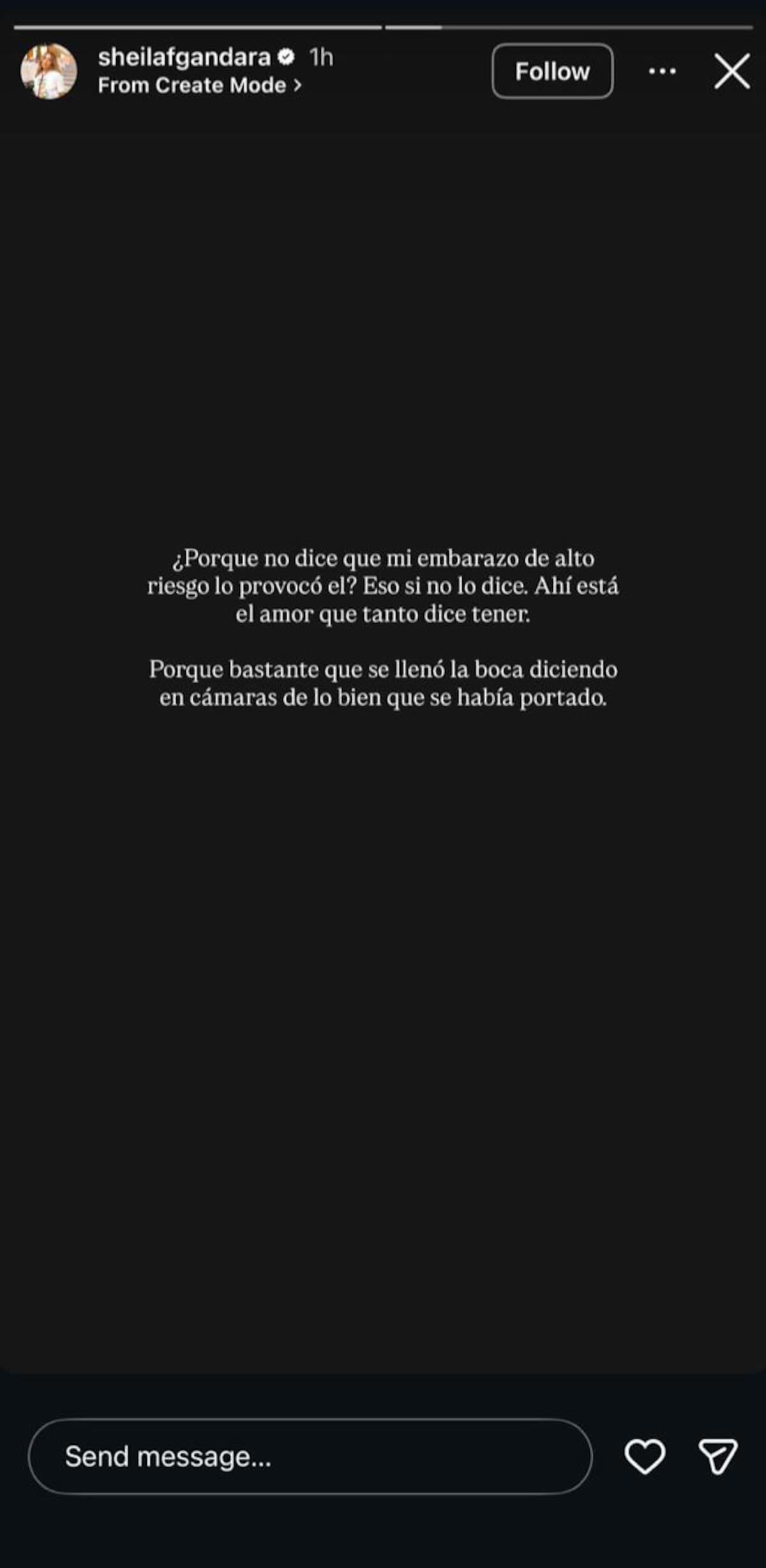 Mensaje de Sheila Gándara. //Foto: IG @sheilafgandara.