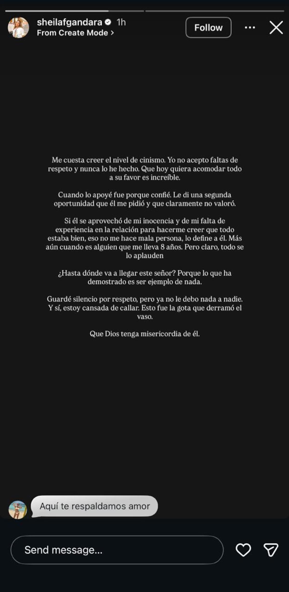 Mensaje de Sheila Gándara. //Foto: IG @sheilafgandara.