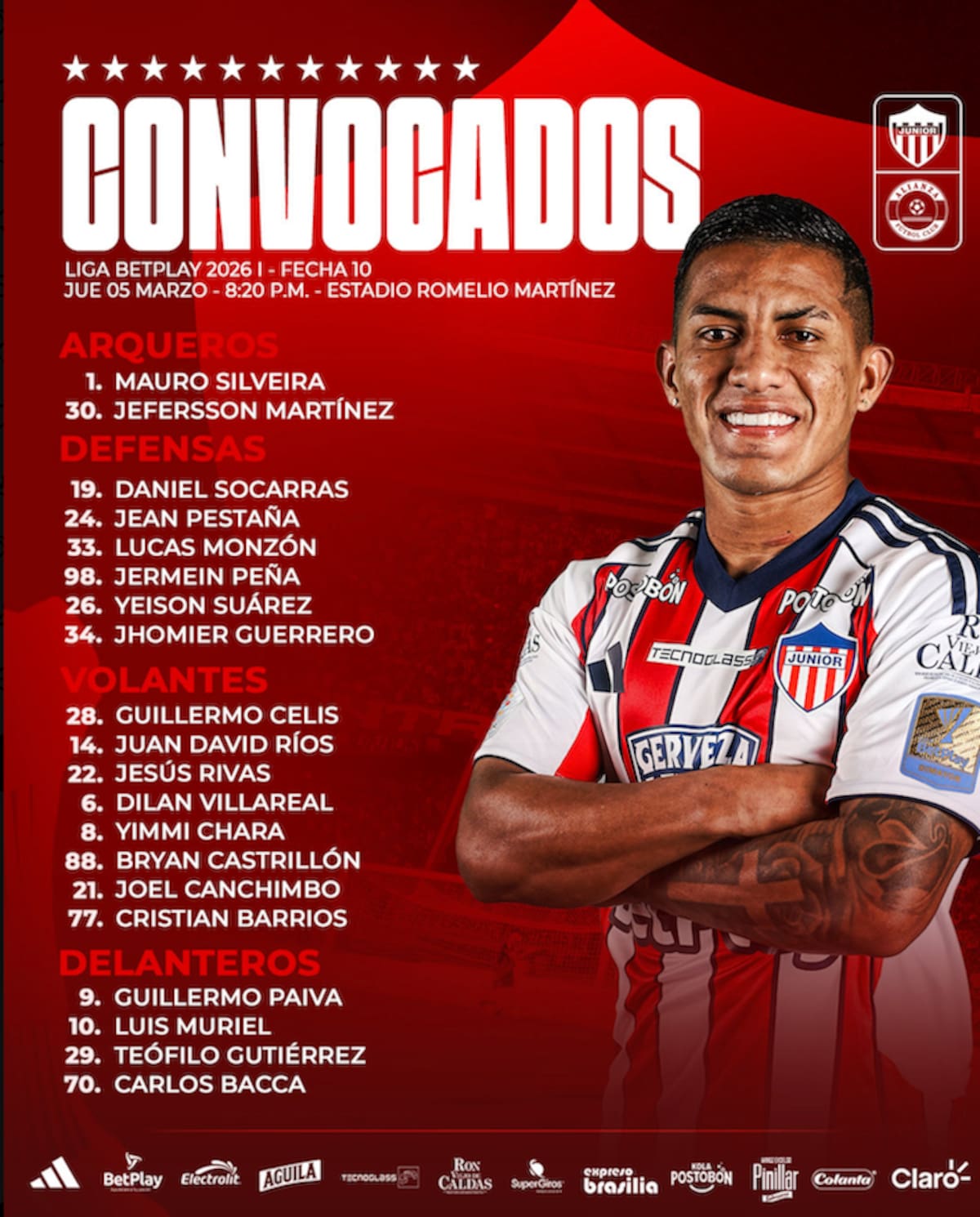 Esta es la lista de los 20 jugadores convocados por Junior para el juego de este jueves ante Alianza de Valledupar.//Cortesía @JuniorClubSA.