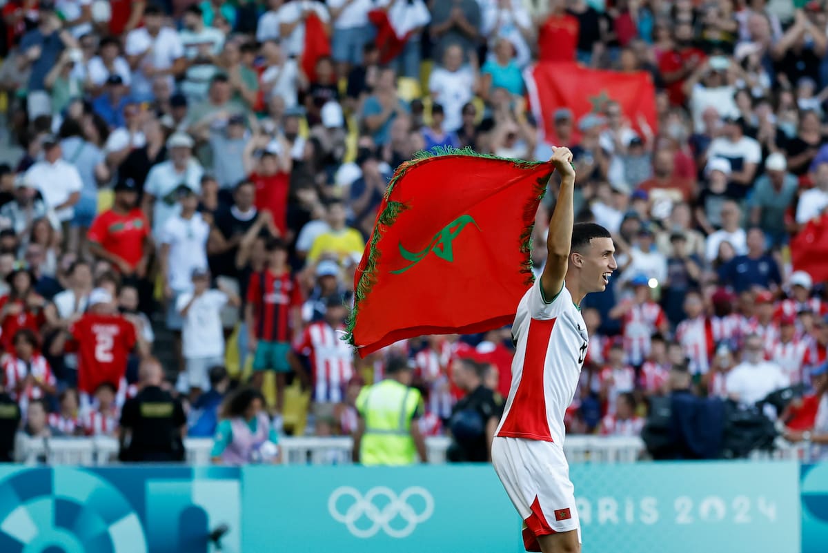 El marroquí Bilal El Khannouss celebra después de ganar el partido de fútbol masculino por la medalla de bronce en los Juegos Olímpicos de Verano de 2024, el jueves 8 de agosto de 2024. //AP