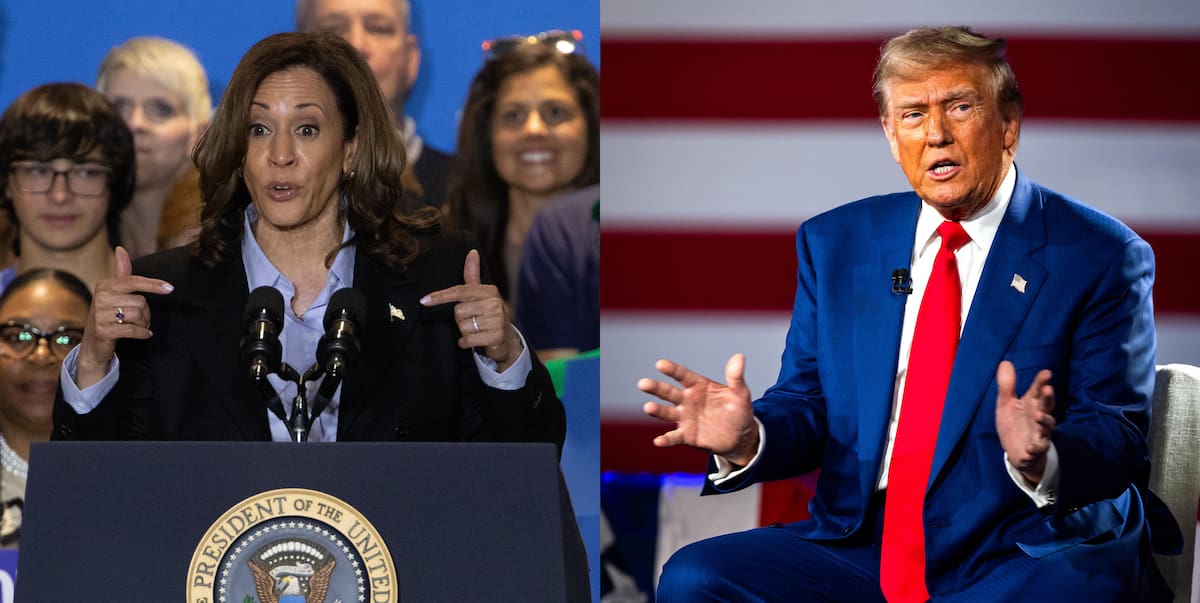 Combo de dos fotografías de la vicepresidenta estadounidense y candidata demócrata a la Casa Blanca, Kamala Harris (i), y su rival republicano, el expresidente Donald Trump (2017-2021). EFE/ Rebecca Droke / Jim Lo Scalzo
