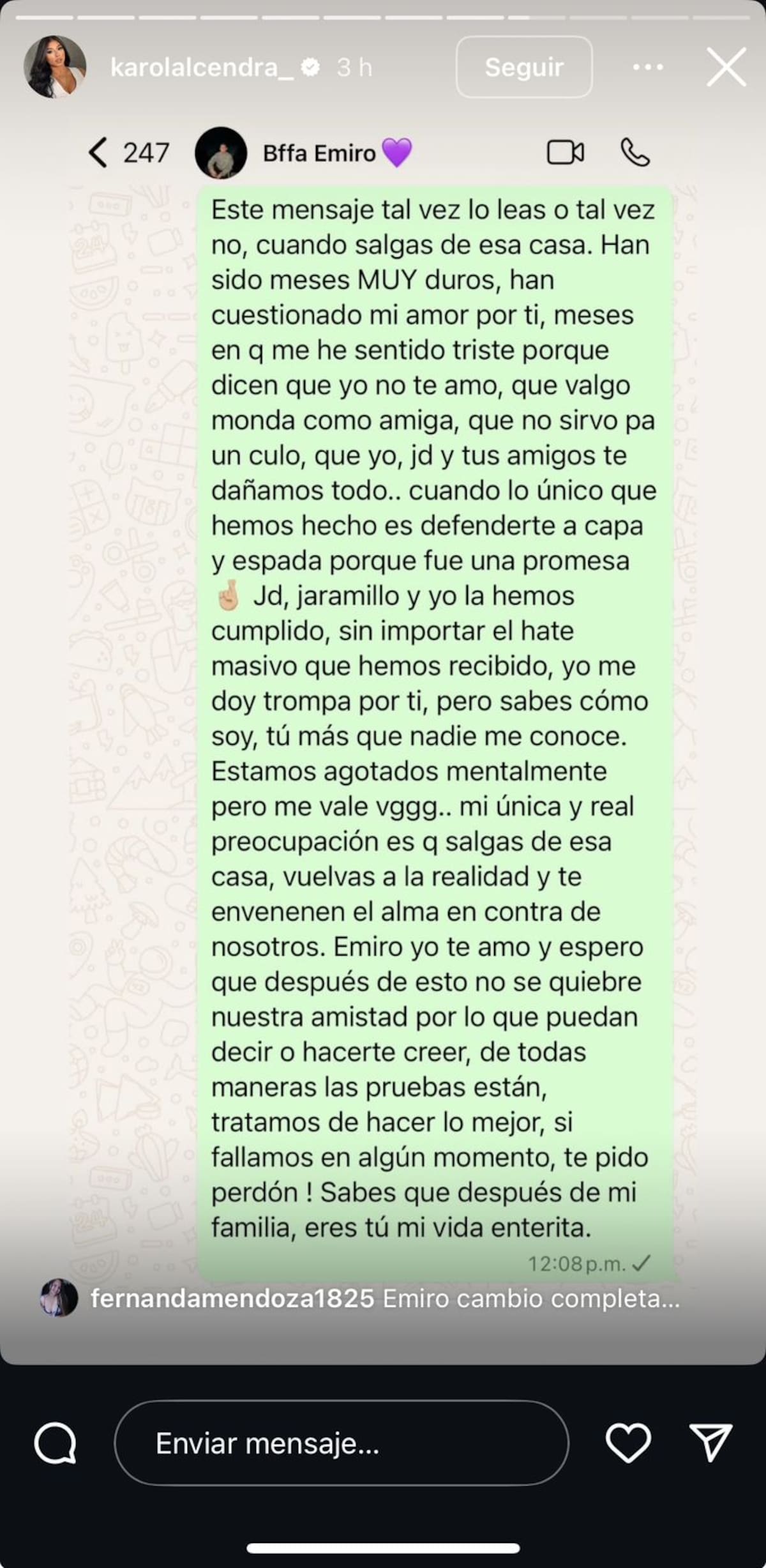 Mensaje de Karola a Emiro Navarro. //Foto captura de pantalla.