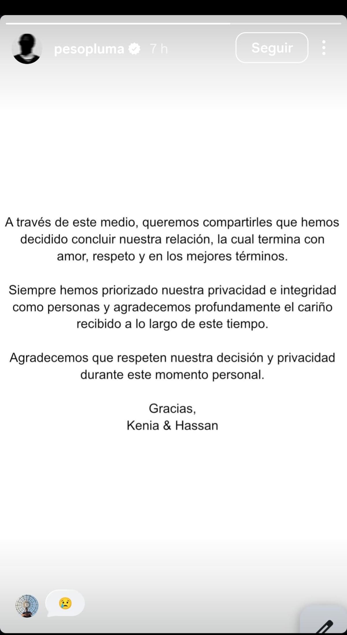 Comunicado: Kenia Os y Peso Pluma terminaron su relación. // IG @Pesopluma